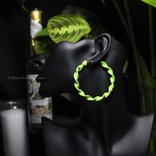 Load image into Gallery viewer, Neon Green Twisted Bandana Hoop Earrings