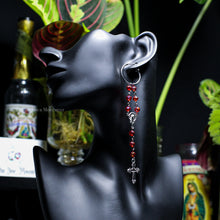 Load image into Gallery viewer, Red/Silver Rosary Inspired Hoop Earrings