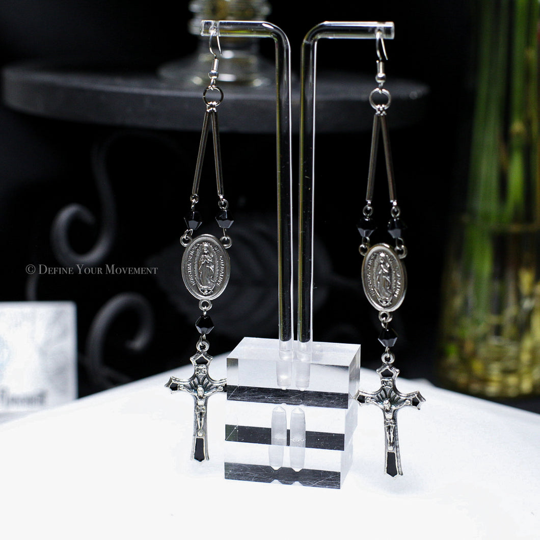 Black/Silver Rosary Inspired Earrings