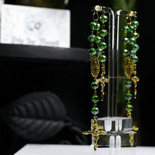 Load image into Gallery viewer, Green/Gold Rosary Inspired Earrings - Double Layered
