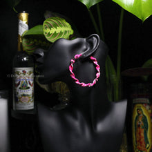 Load image into Gallery viewer, Neon Pink Twisted Bandana Hoop Earrings
