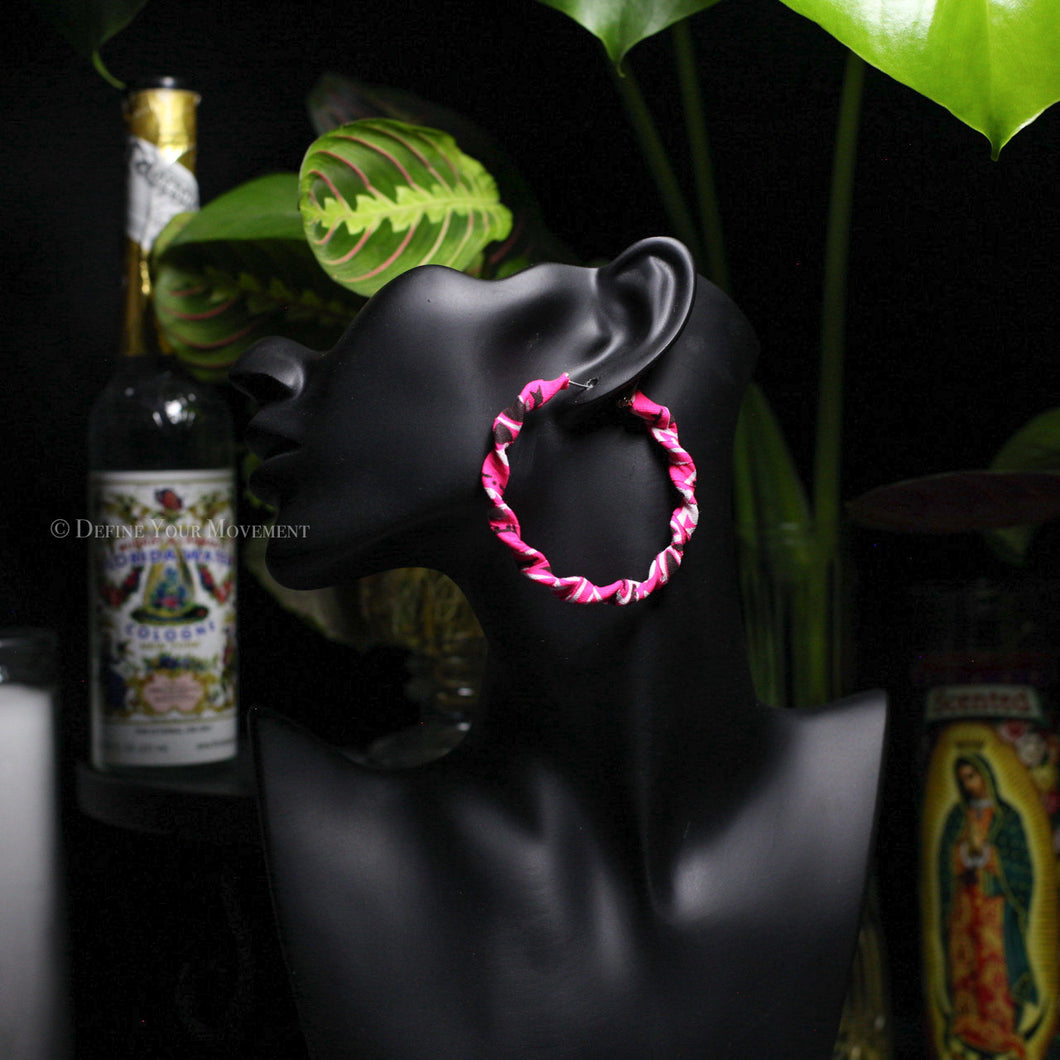 Neon Pink Twisted Bandana Hoop Earrings