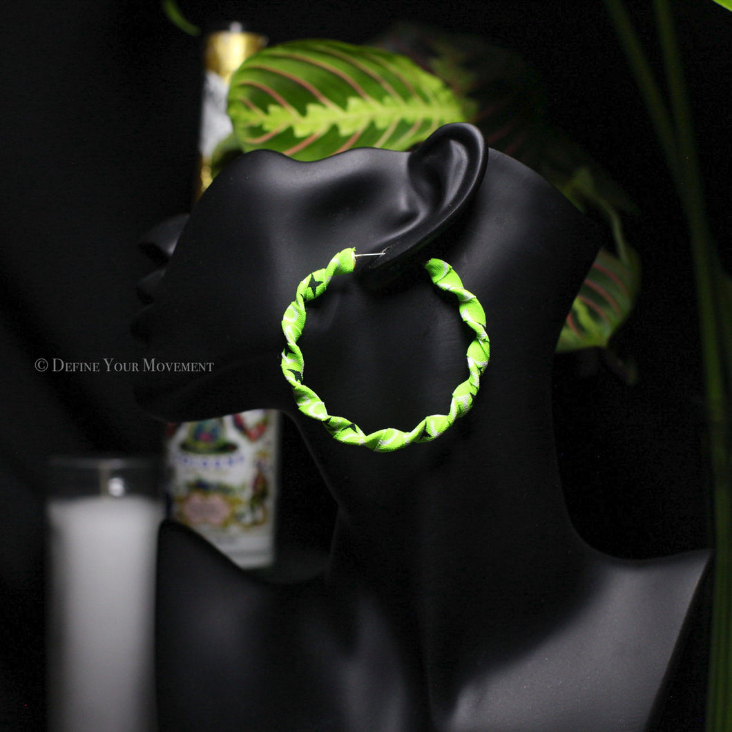 Neon Green Twisted Bandana Hoop Earrings