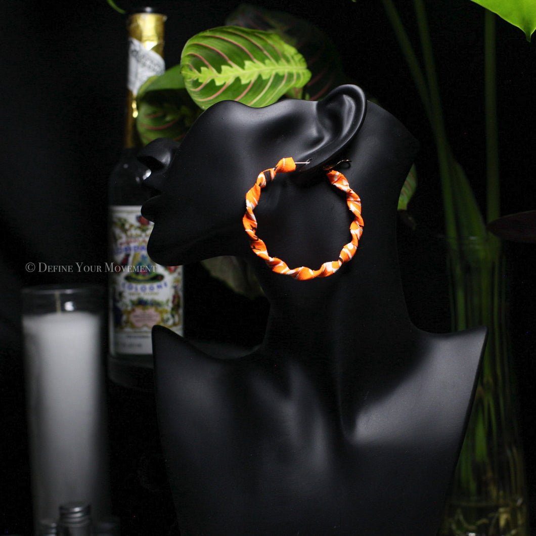 Neon Orange Twisted Bandana Hoop Earrings