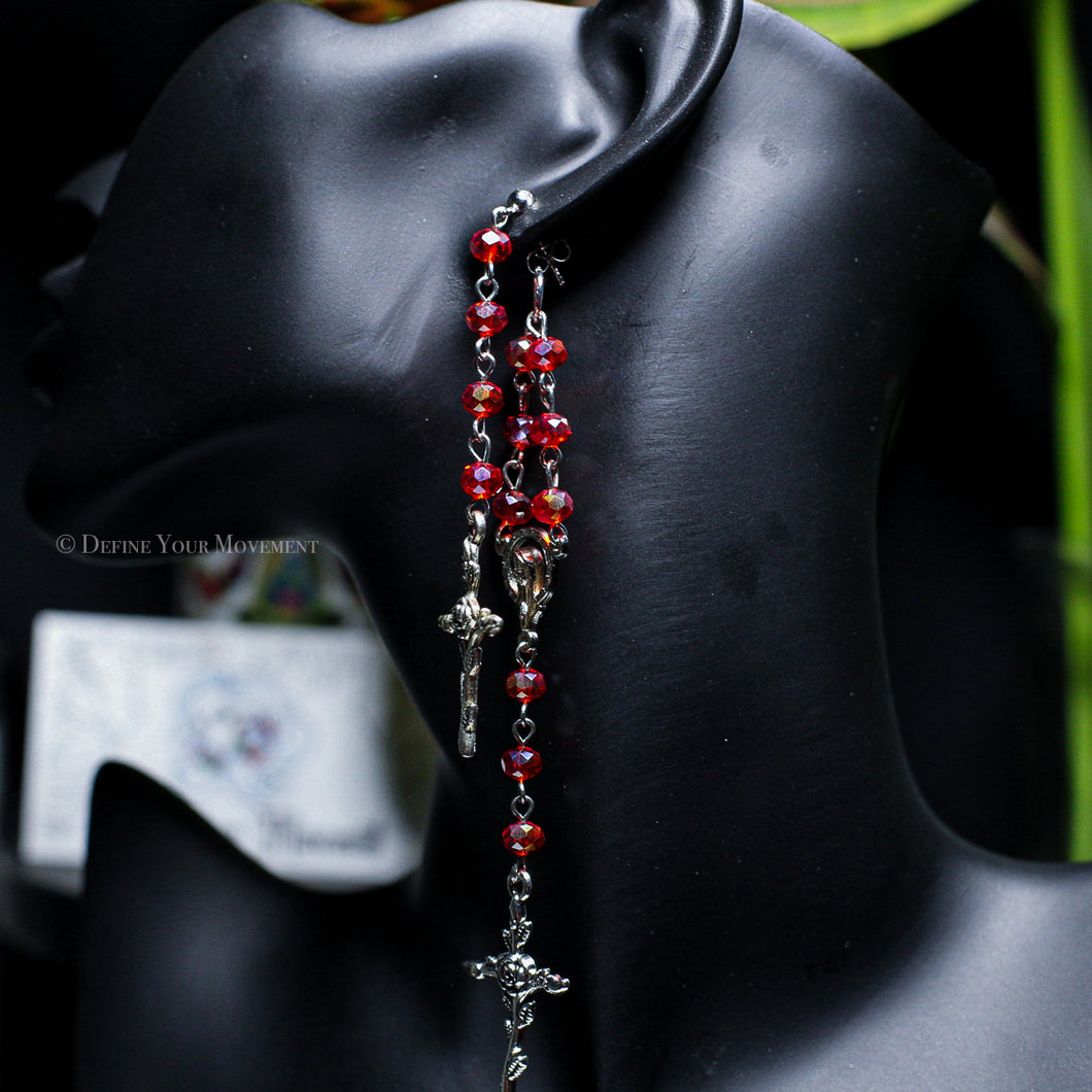 Red/Silver Rosary Inspired Earrings - Double Layered