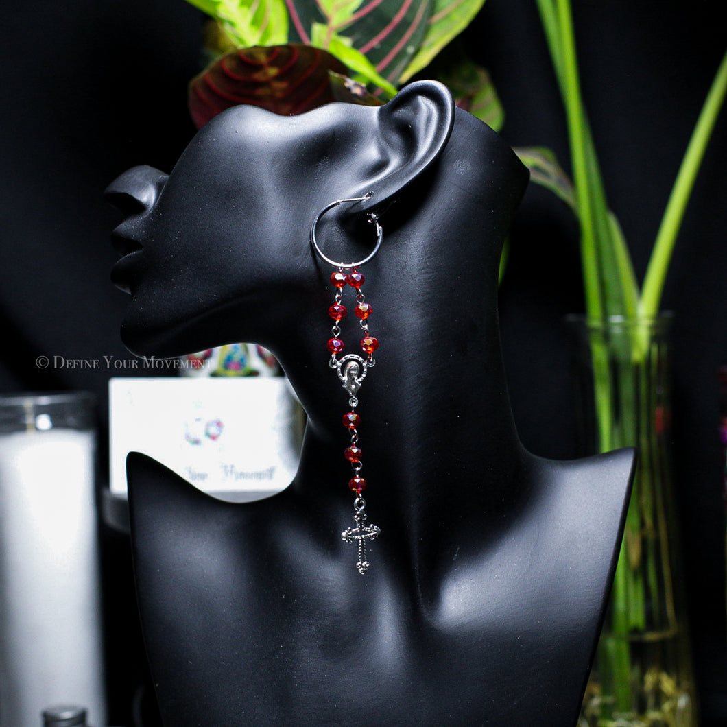 Red/Silver Rosary Inspired Hoop Earrings