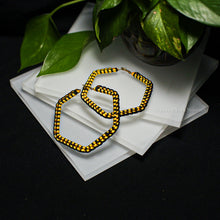 Load image into Gallery viewer, Black and Yellow Satin Cord Wrapped Hoop Earrings - Hexagon
