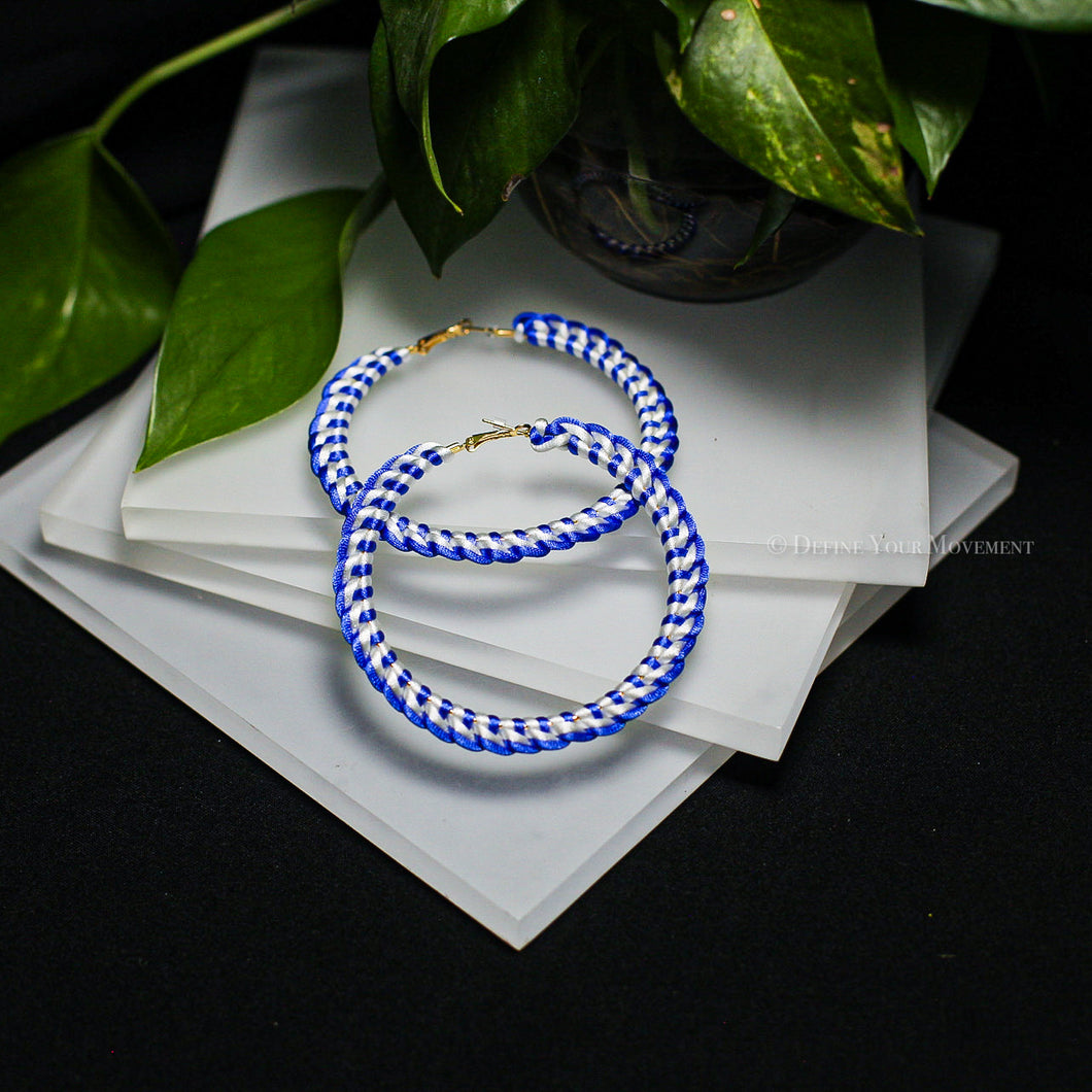 Blue and White Satin Cord Wrapped Hoop Earrings