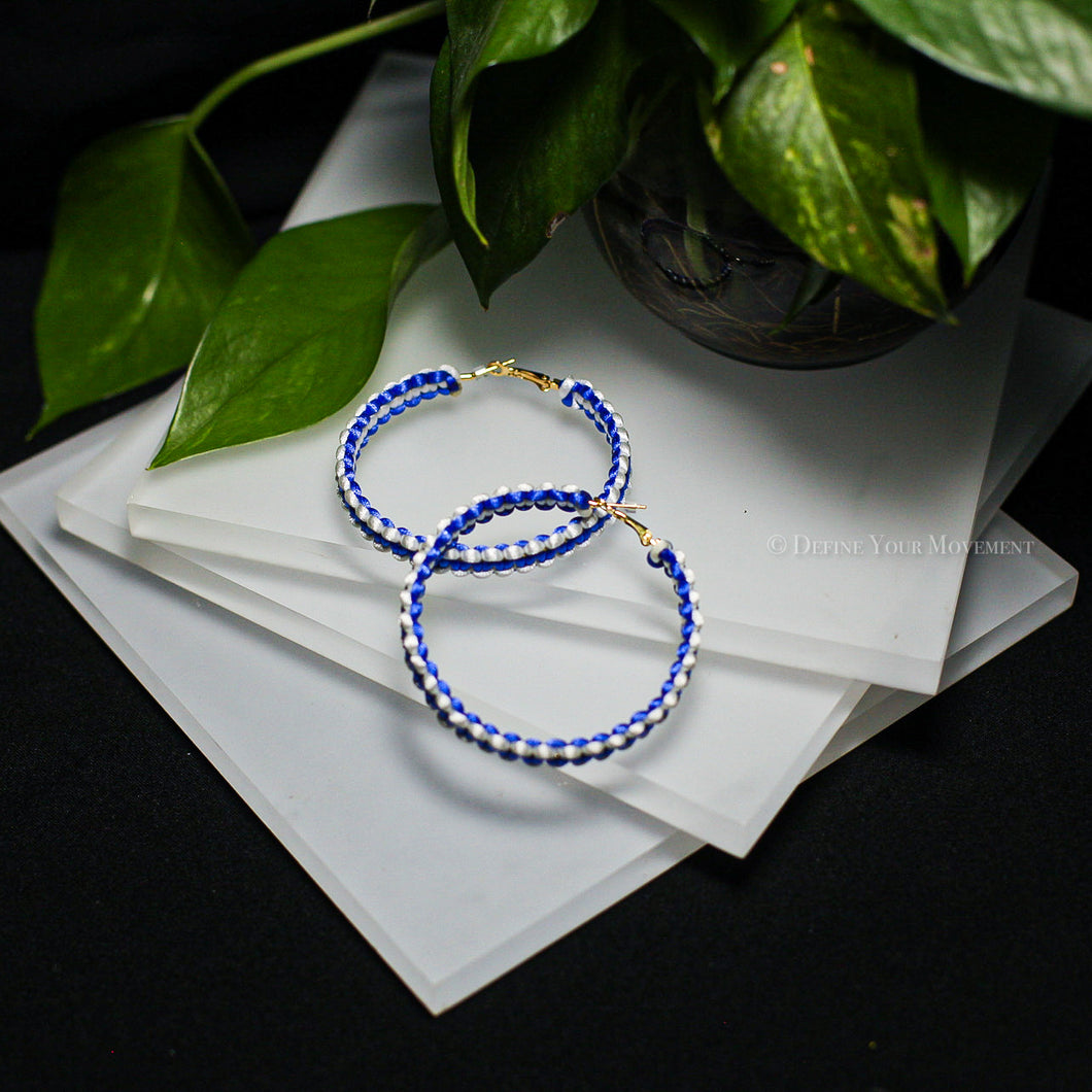 Blue and White Satin Cord Braided Hoop Earrings