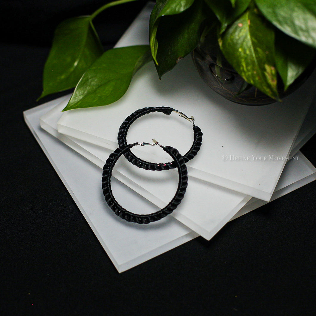 Black Satin Cord Wrapped Hoop Earrings