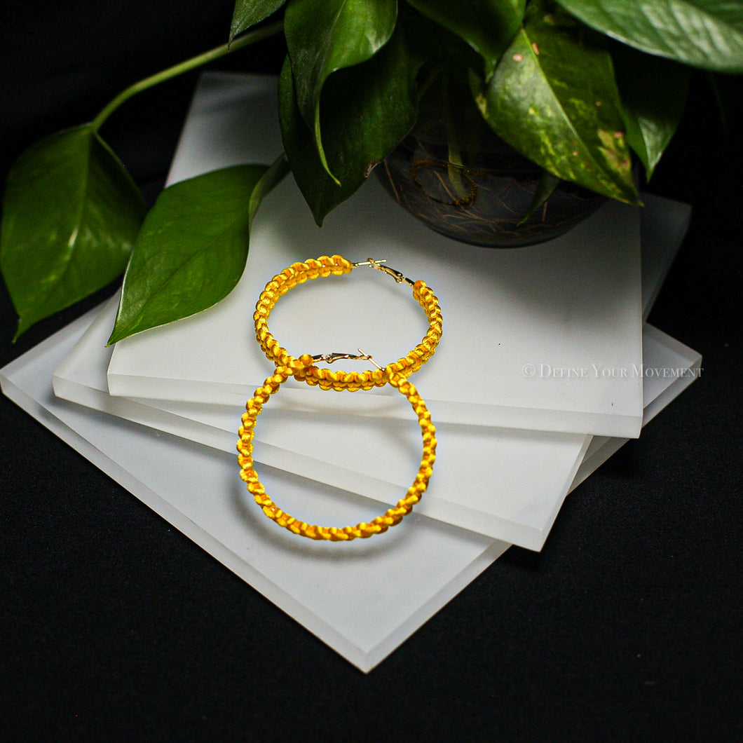 Yellow Satin Cord Wrapped Hoop Earrings