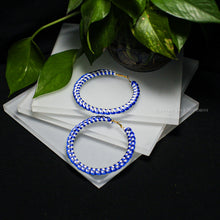 Load image into Gallery viewer, Blue and White Satin Cord Wrapped Hoop Earrings
