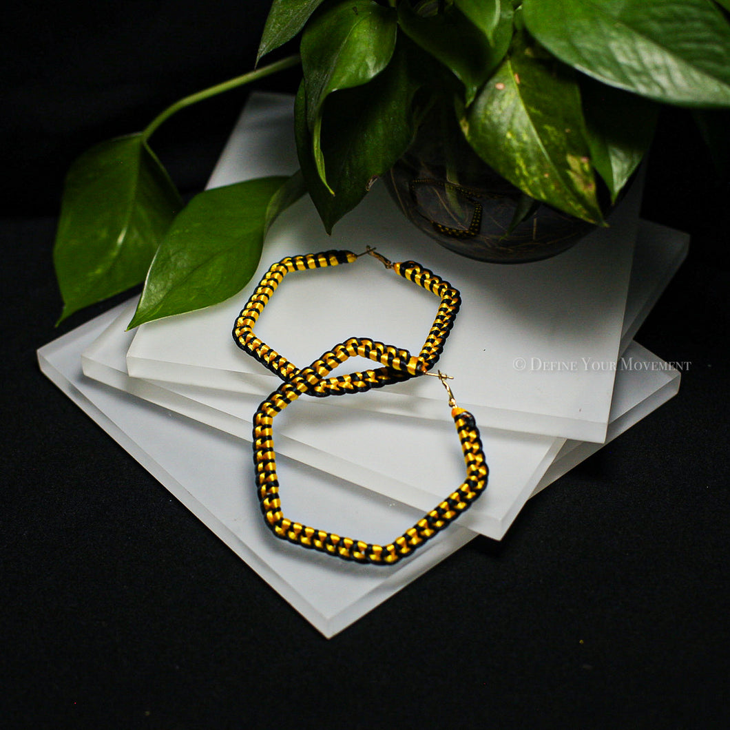 Black and Yellow Satin Cord Wrapped Hoop Earrings - Hexagon