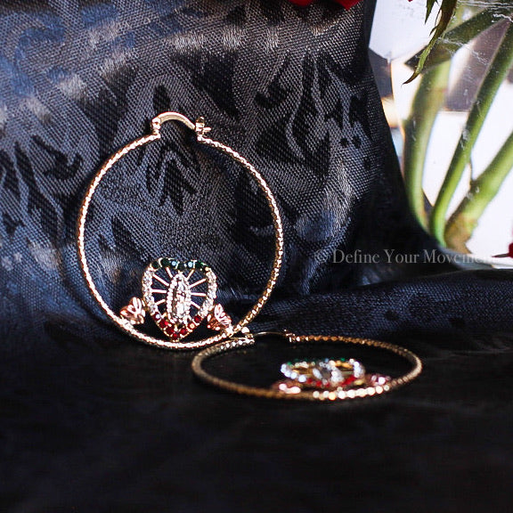 Gold Hoops - Tri Color Heart Virgen De Guadalupe Flower Hoop Earrings - 2 Inch