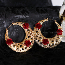 Load image into Gallery viewer, Gold Hoops - Swirled and Chunky with Roses - 3.5 Inches
