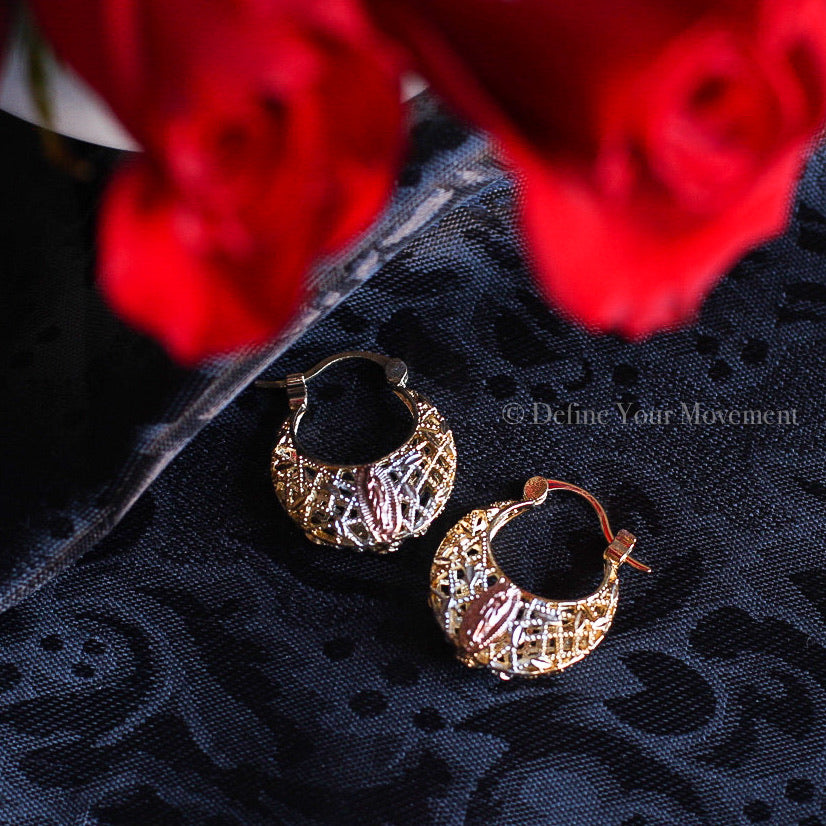 Gold Earrings - Tri Color Virgen Guadalupe Basket Earrings