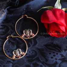 Load image into Gallery viewer, Gold Hoops - Tri Color Heart Virgen De Guadalupe Flower Hoop Earrings - 2 Inch
